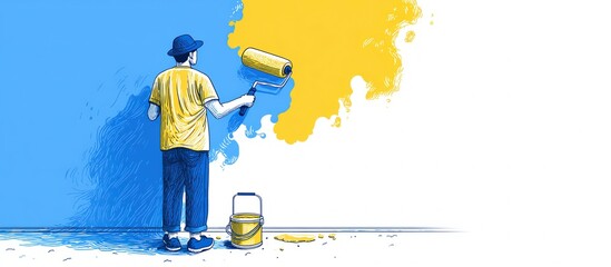 Person Painting Wall with Yellow and Blue Colors in Artistic Style