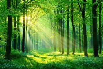 Fototapeta premium Sunlight filters through the dense canopy of a lush green forest, illuminating the forest floor with beams of light and dappled shadows