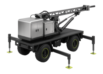 Mobile drilling unit on a flatbed truck with extendable outriggers