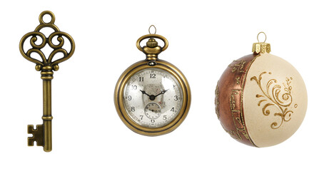 Vintage ornate key, antique pocket watch, and decorative Christmas bauble isolated on white background, perfect for holiday or retro themed designs