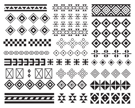 A versatile collection of monochrome ethnic ornaments and tribal geometric motifs. Seamless native pattern borders and abstract vector design elements