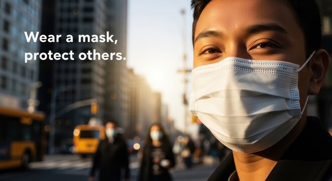 Man Wearing Mask in City, Public Health Message