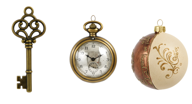 Vintage ornate key, antique pocket watch, and decorative Christmas bauble isolated on white background, perfect for holiday or retro themed designs
