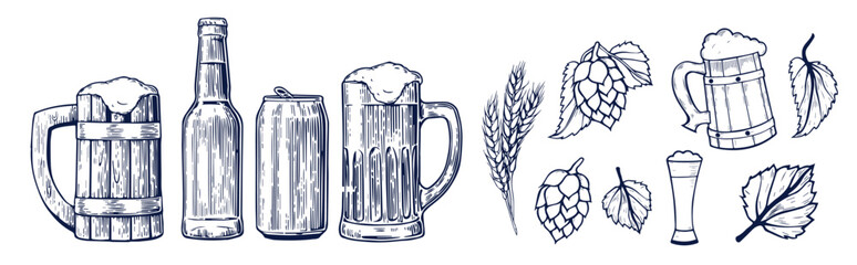 Beer brewery icons collection. Glasses, bottle, barrel hand drawn elements for pub, bar menu. Vector sketch illustration