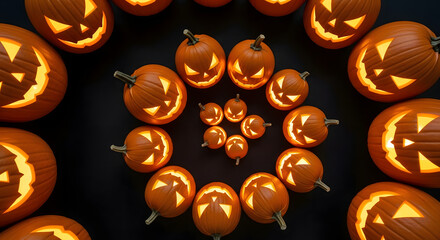Luminous carved pumpkins arranged in a captivating spiral pattern, casting a warm, eerie glow on a dark background, perfect for a festive Halloween celebration