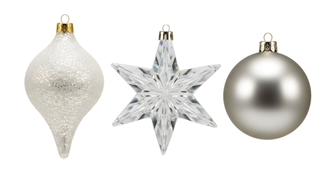 White and silver Christmas tree ornaments ball star and teardrop shapes isolated on white background perfect for holiday decoration