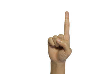 Hand gesture with index finger raised for attention with PNG transparency for easy overlaying on