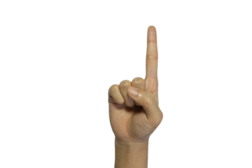 Hand gesture with index finger raised for attention with PNG transparency for easy overlaying on