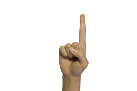 Hand gesture with index finger raised for attention with PNG transparency for easy overlaying on