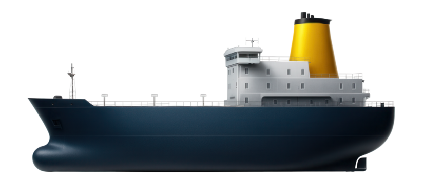 Container ship with a distinctive yellow funnel and streamlined superstructure