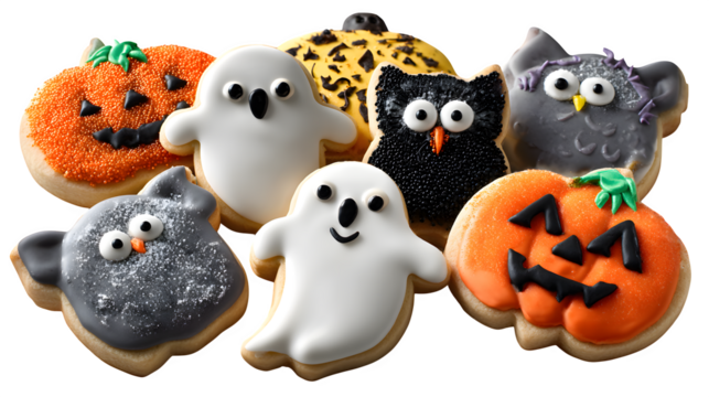 Neatly arranged Halloween cookies with themed icing, isolated on white background