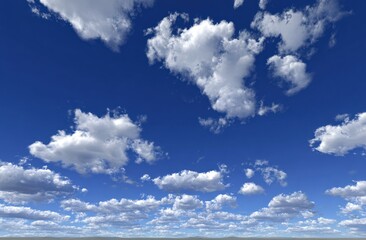 Low angle shot of fluffy, white cumulus clouds dotting a vibrant blue sky on a sunny day with a faint horizon line