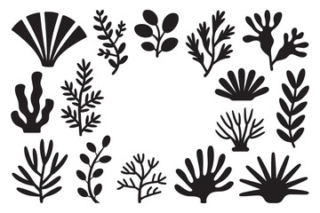 Fototapeta premium A circular frame of black silhouette seaweed and algae icons. A vector set of various underwater marine plants and coral illustrations for design