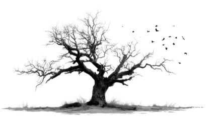 Old dead spooky tree with twisted silhouette and eerie feel, isolated on white background