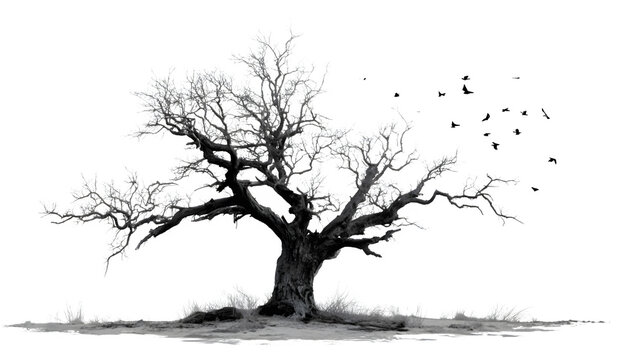 Old dead spooky tree with twisted silhouette and eerie feel, isolated on white background - Powered by Adobe
