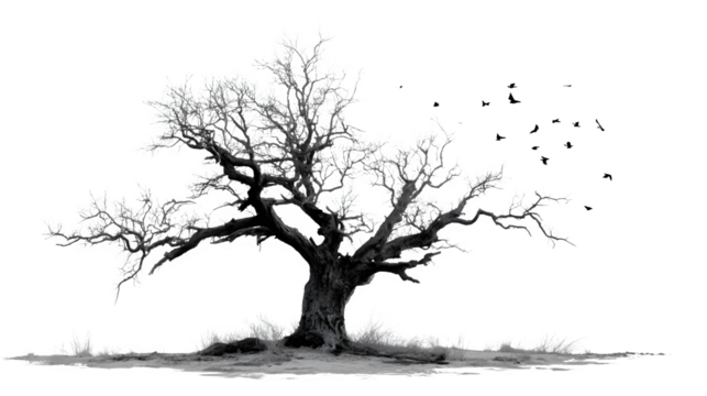 Old dead spooky tree with twisted silhouette and eerie feel, isolated on white background