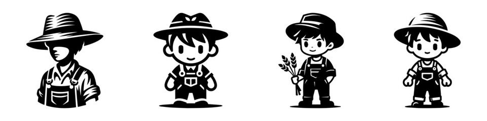 Fototapeta premium Modern Minimalist Boy Wearing Farmer Outfit Icon, Flat Silhouette of a Rustic Work Clothes Vector for Agriculture Illustration Design