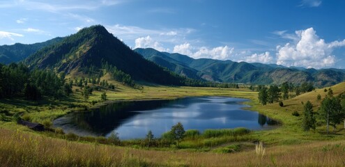 A serene lake reflects clouds under a bright sky, surrounded by mountains, meadows, and trees in a vibrant, scenic landscape