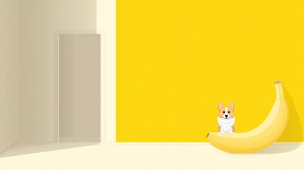 Obraz premium Simple vector scene a small corgi dog sits on a large yellow banana in a room with white walls and a yellow accent wall, beside a blurred doorway