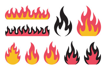 Collection of stylized fire flame icons and symbols. Vector illustration set of various hot bonfire and campfire blaze graphic design elements