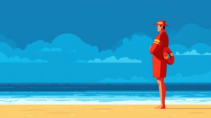 Lifeguard on Beach During Sunny Day with Vibrant Blue Sky