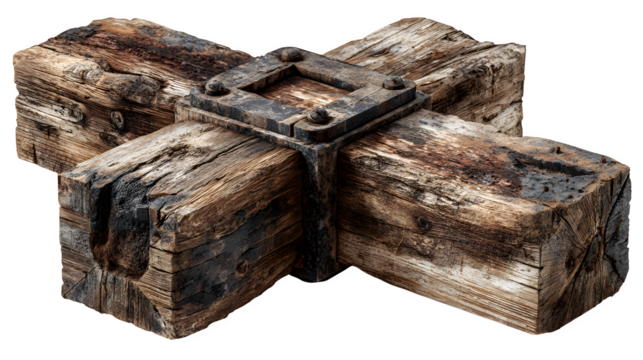 Old wooden cross with weathered texture, AI generated, isolated on white background