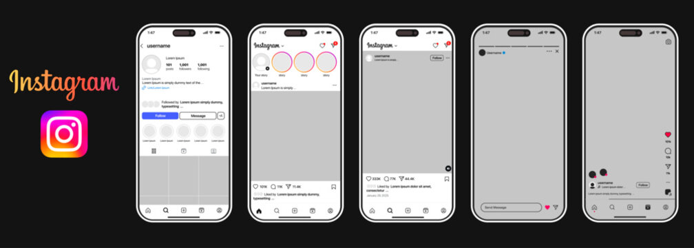 Light mode Instagram UI template 2025 update shown on iPhone 17 mockups. IncludesPost, story, live, profile, feed, story, and reels screens in modern layout. Perfect for social media and mobile UI