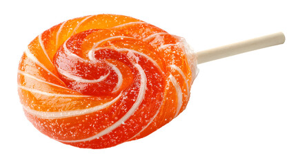 Orange lollipop candy with glossy swirl texture, isolated on white background