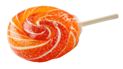 Orange lollipop candy with glossy swirl texture, isolated on white background