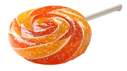 Orange lollipop candy with glossy swirl texture, isolated on white background