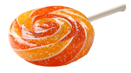 Orange lollipop candy with glossy swirl texture, isolated on white background