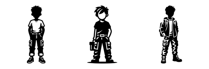 Modern Minimalist Boy Wearing Cargo Pants Icon, Flat Silhouette of a Casual Outfit Vector for Fashion Illustration Design