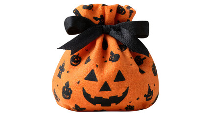 Orange Halloween pumpkin treat bag tied with black ribbon, isolated on white background