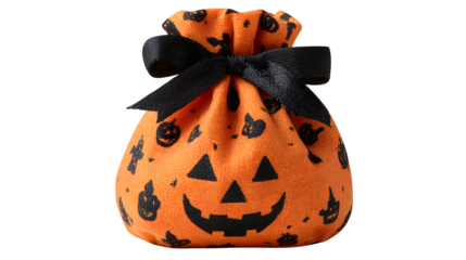 Orange Halloween pumpkin treat bag tied with black ribbon, isolated on white background