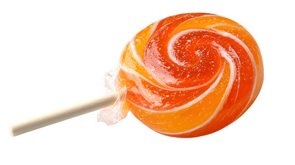Orange lollipop candy with glossy swirl texture, isolated on white background