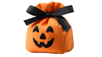Orange Halloween pumpkin treat bag tied with black ribbon, isolated on white background