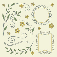 Hand drawn floral elements and decorative frames with yellow flowers