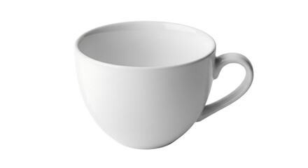 A clean, empty white ceramic teacup with a handle, isolated on transparent background