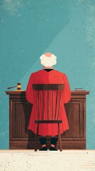 Judge in Traditional Robes with Gavel at Courtroom Desk in Art Style