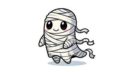 Adorable cartoon mummy character with a sweet smile and playful bandaged appearance, perfect for fun Halloween illustrations, cute spooky themes, or charming graphic designs