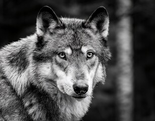 Fototapeta premium black and white close up of a gray wolf