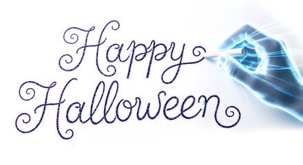 Ethereal hand elegantly writing a vibrant 'Happy Halloween' greeting, capturing the enchanting spirit of autumn festivities and spooky fun for seasonal designs