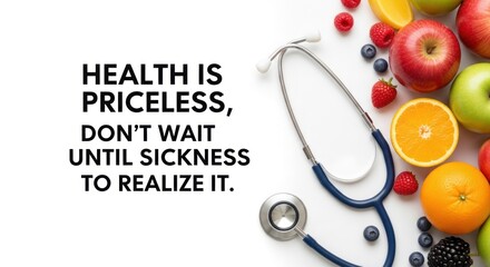 Health is Priceless: Stethoscope with Fresh Fruits on White Background, Promoting Wellness and Healthy Lifestyle.