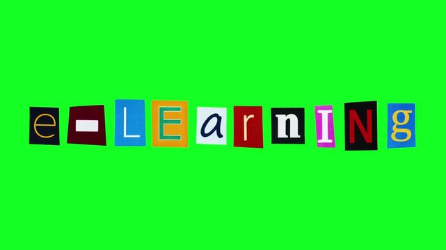 E-learning word in cartoon style headline compiled from stickers moving in loop stop motion on green screen. Online studying title in template banner ready to create an educational advertisement