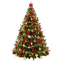 Fototapeta premium A beautifully decorated christmas tree with red ornaments, golden stars, bows, bells, and twinkling lights, isolated on transparent background