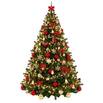 A fully decorated Christmas tree with red and gold ornaments is brightly lit and isolated on a transparent background for holiday design.