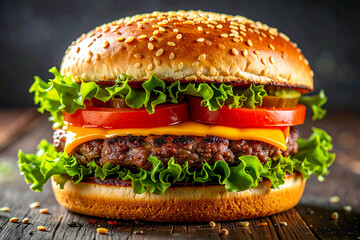 A juicy beef cheeseburger with fresh vegetables and sesame seed bun on a black plate