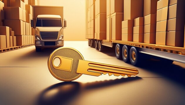 golden key with stacked cardboard boxes and delivery truck