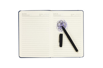 Notebook with scribbled doodle and black pen on lined pages representing brainstorming or stress.