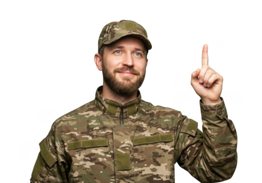 Soldier in camouflage uniform pointing upwards isolated on transparent background